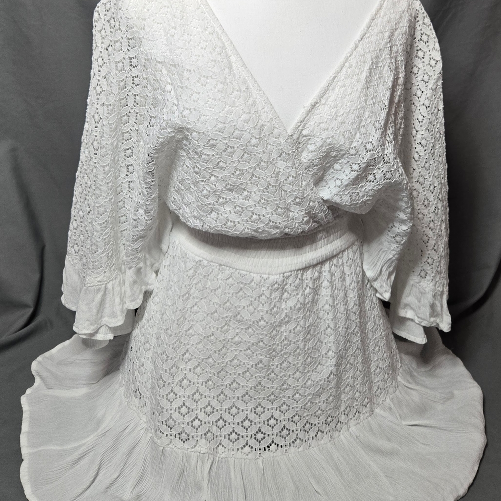 Japna White Eyelet Lace Romper Dress / Skort Dress, Smocked Waist Ruffle V-Neck